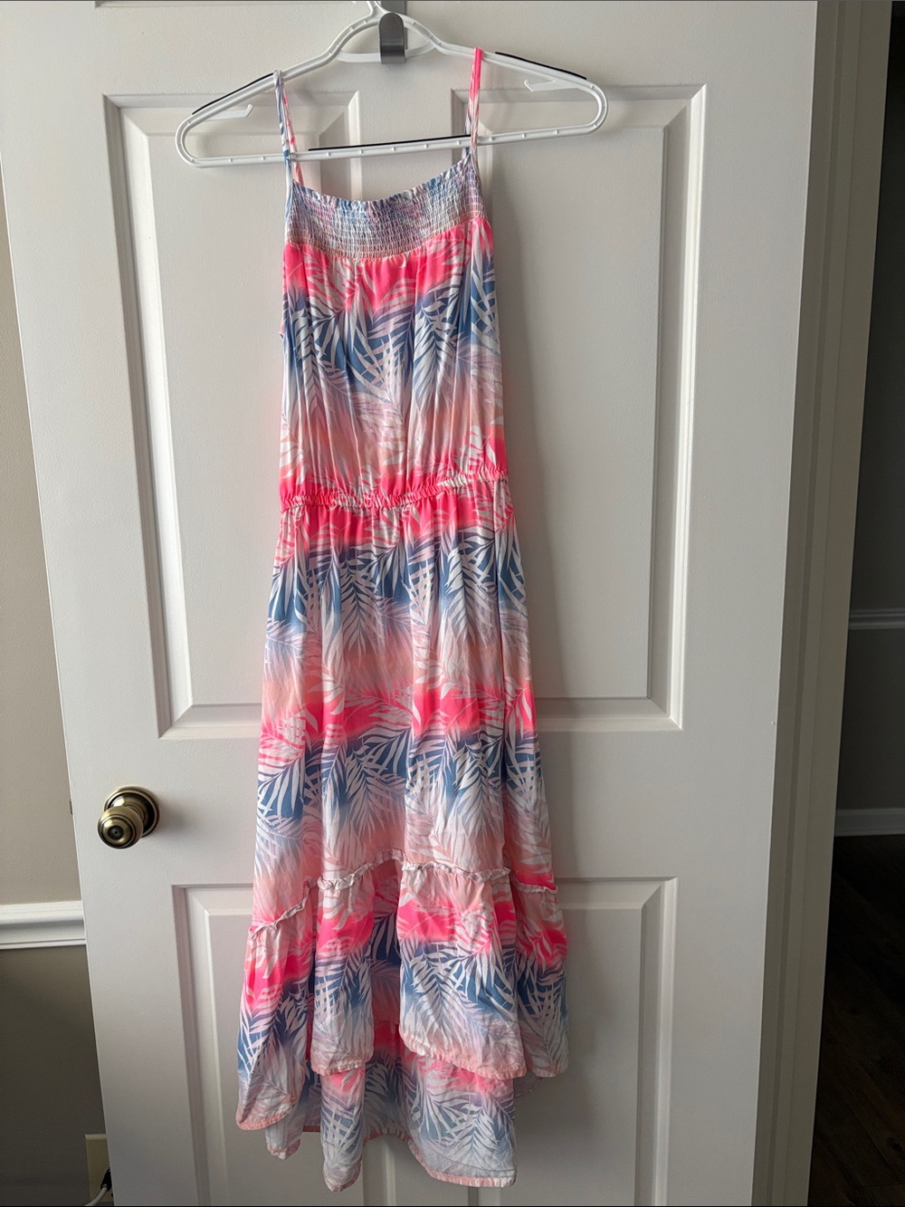 SO Pink and Blue Leaf-Print Maxi Sundress